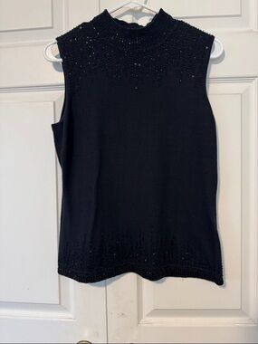 Casual Corner Sleeveless Mock Neck Beaded Knit Top - Black M